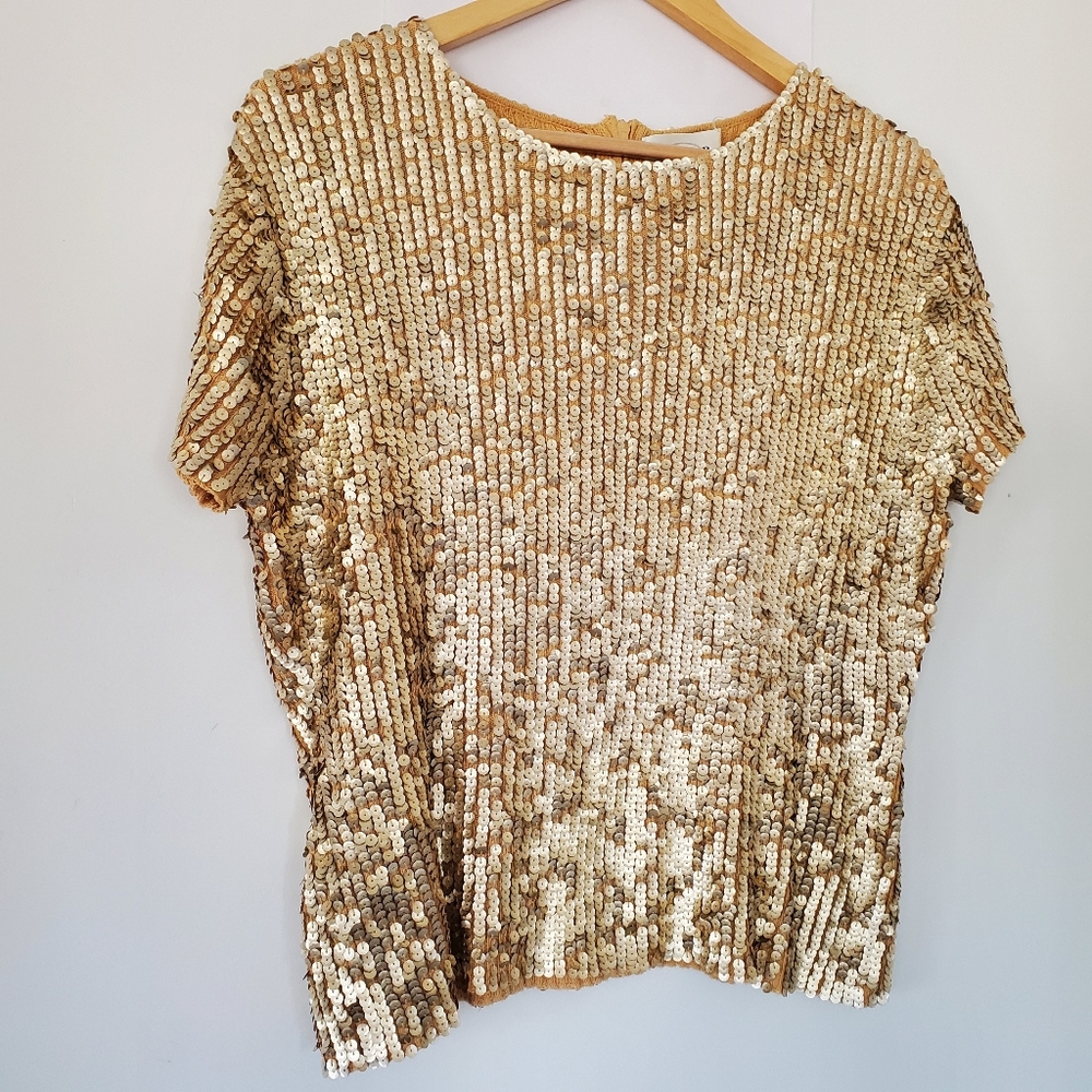 VINTAGE OSCAR DE LA RENTA Sz L Gold Sequin Short Sleeve Sweater Top Zip GLITZY - Picture 3 of 16